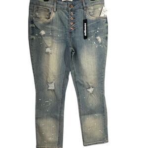 NWT! Dollhouse Junior Girl sz 15 Blue Jean distressed rips & paint Capri skinny